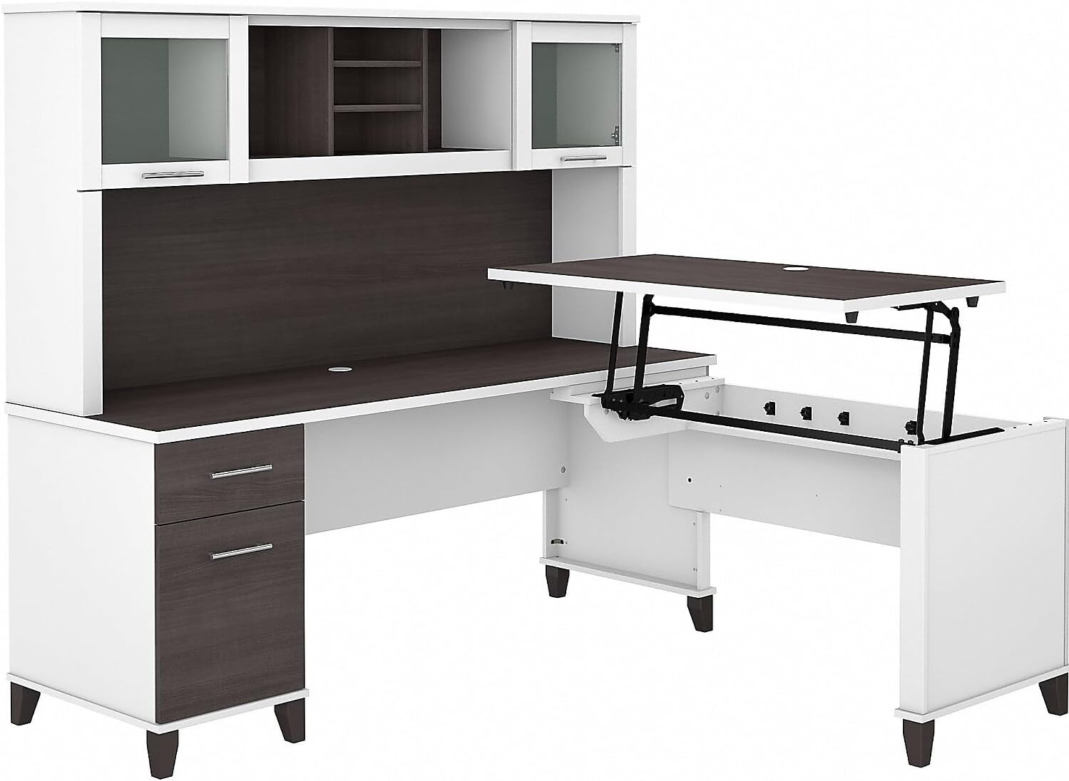 Bush Furniture Somerset 72" Sit to Stand L Desk & Hutch, Storm Gray & White