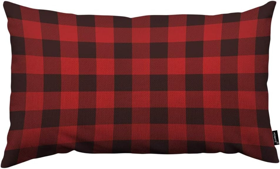 HOSNYE Buffalo Plaid Throw Pillow Cover Classic Lumberjack Plaid Red and Black Linen Fabric for Couch Bed Sofa Car Waist Cushion Cover 12 x 20 inch Pillow Case