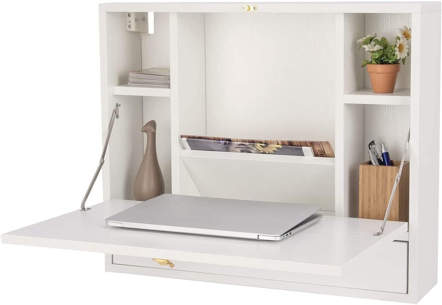TrendSage Wall Mounted Table, Multifunctional Folding Hanging Storage Cabinet, Space Saving Computer Desk w/Storage Drawer and Shelves, Wall Mount Laptop Desk for Home Office (White)