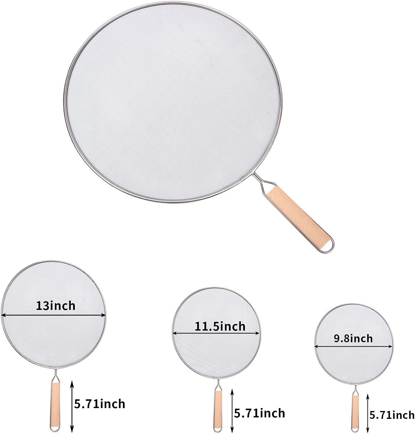 3 Pieces Grease Splatter Screen for Frying Pan, Splatter Guard Mesh Stainless Steel Grease Guard Shield for Kitchen Frying Pan Cooking Supplies Set of 9.44", 10.8" and 12.5" inch (Wood Handle)