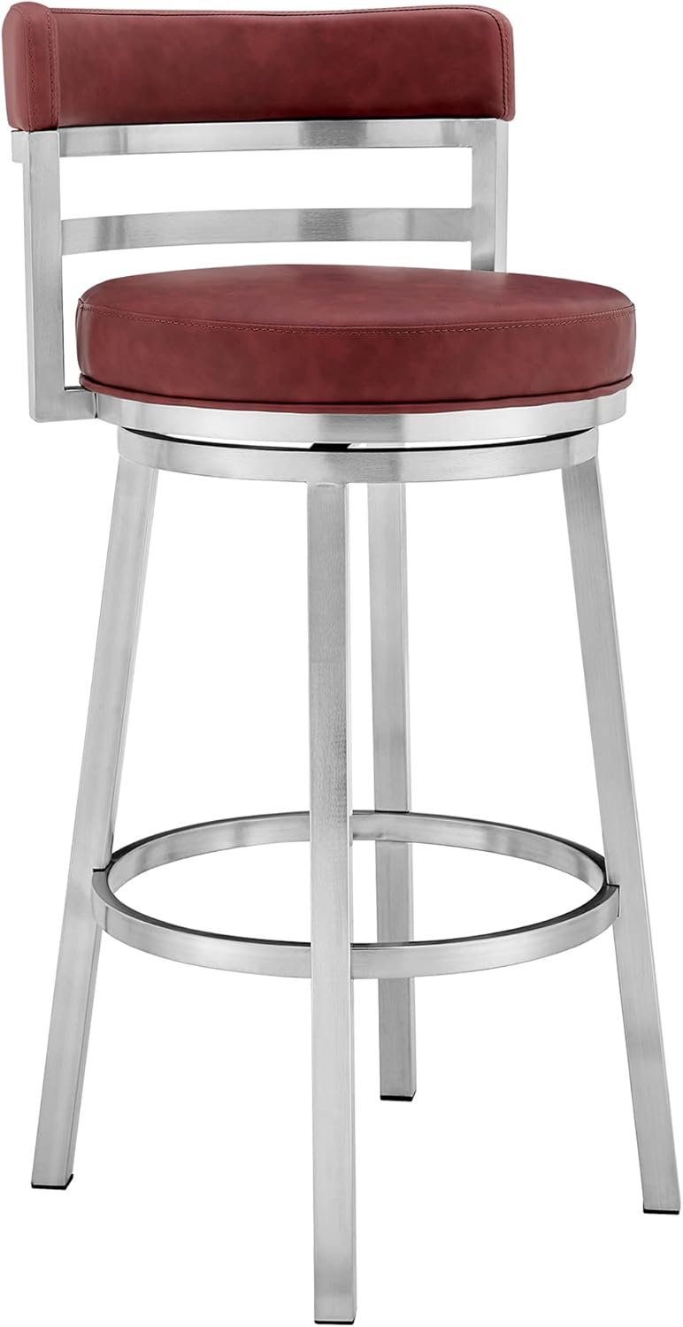 Armen Living Titana 30" Bar Height Swivel Red Faux Leather and Brushed Stainless Steel Bar Stool