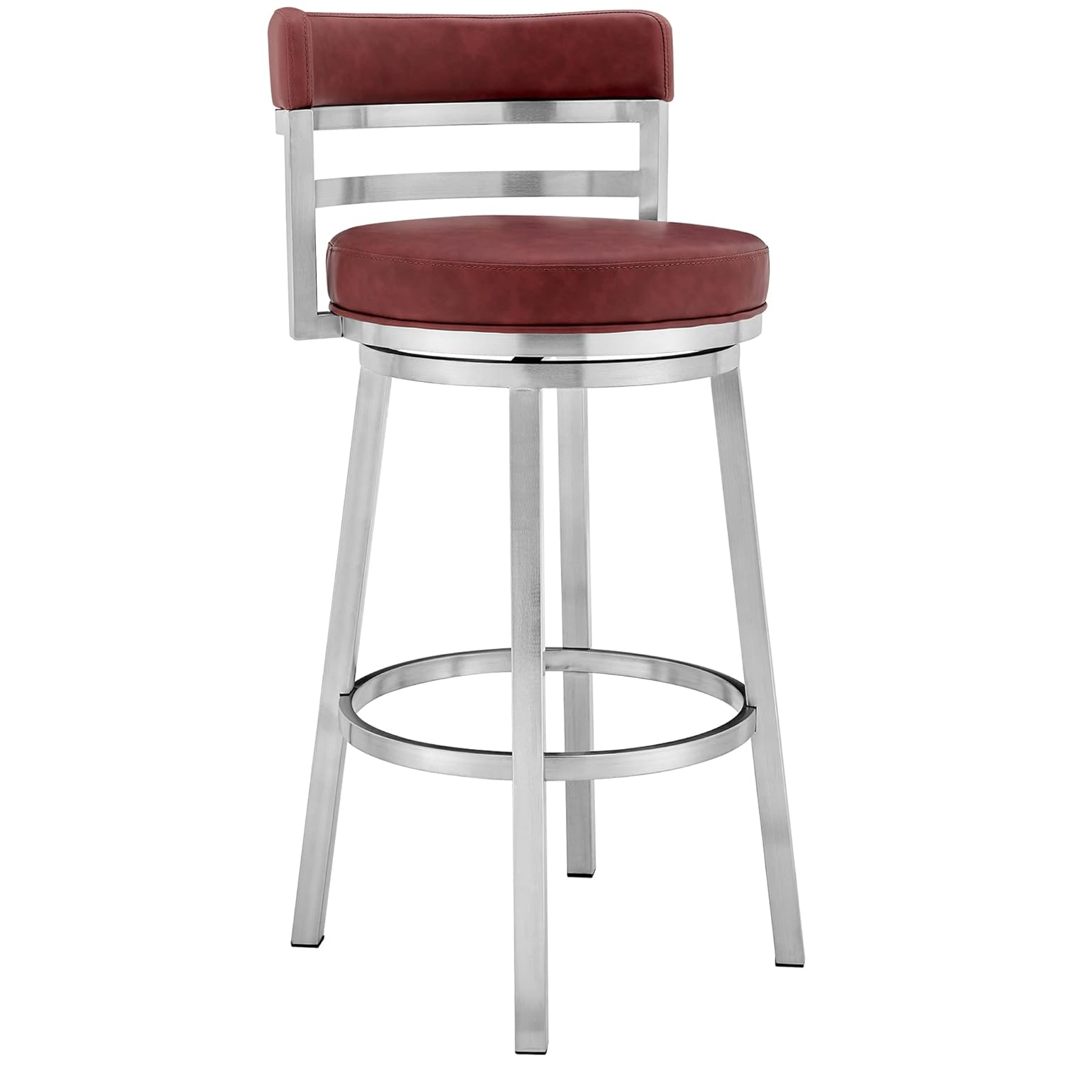 Armen Living Titana 30" Bar Height Swivel Red Faux Leather and Brushed Stainless Steel Bar Stool