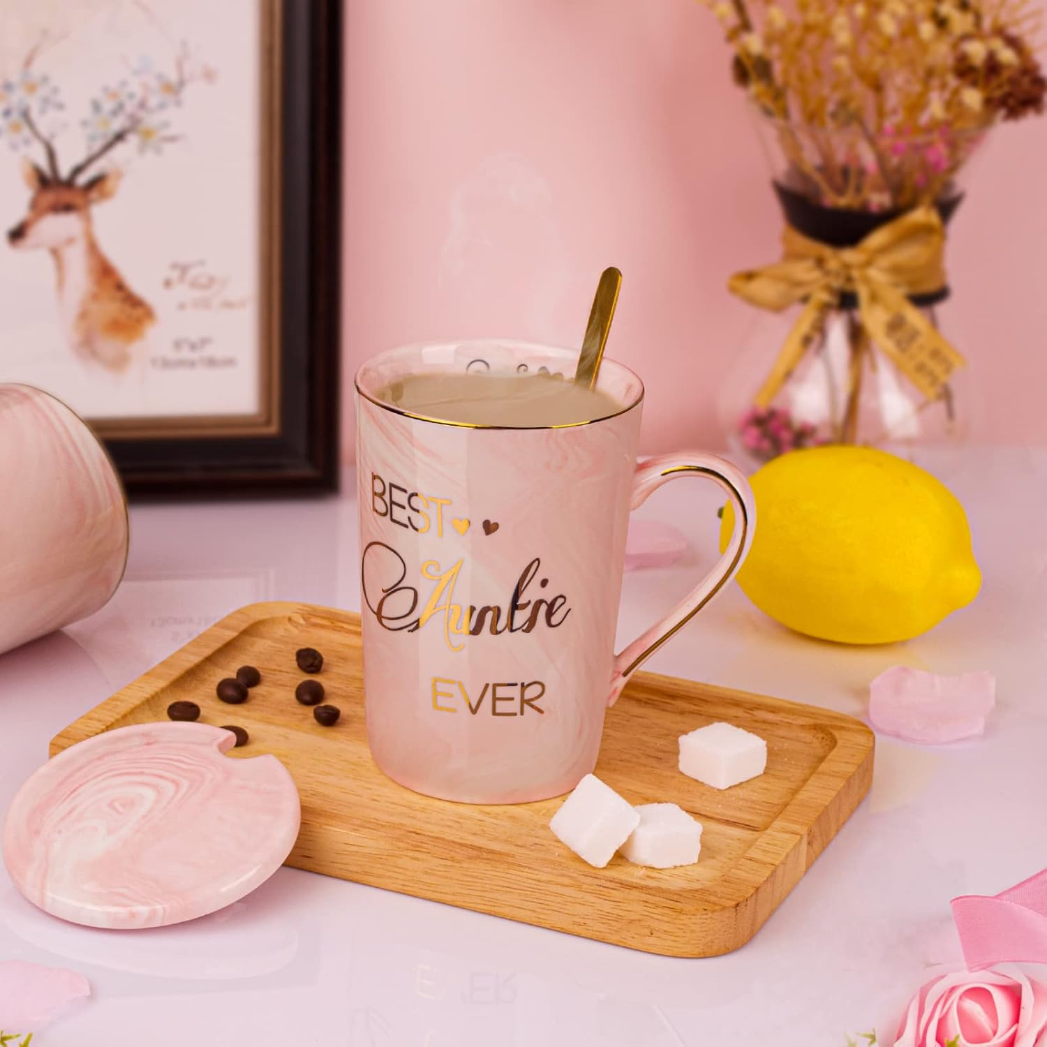 Aunt Gifts from Niece, Nephew - Best Aunt Ever Gift Mug - Happy Birthday Mothers Day Gifts for Auntie - Marble Ceramic Auntie Coffee Mug Gifts Box Printed Gold 14 Oz Pink