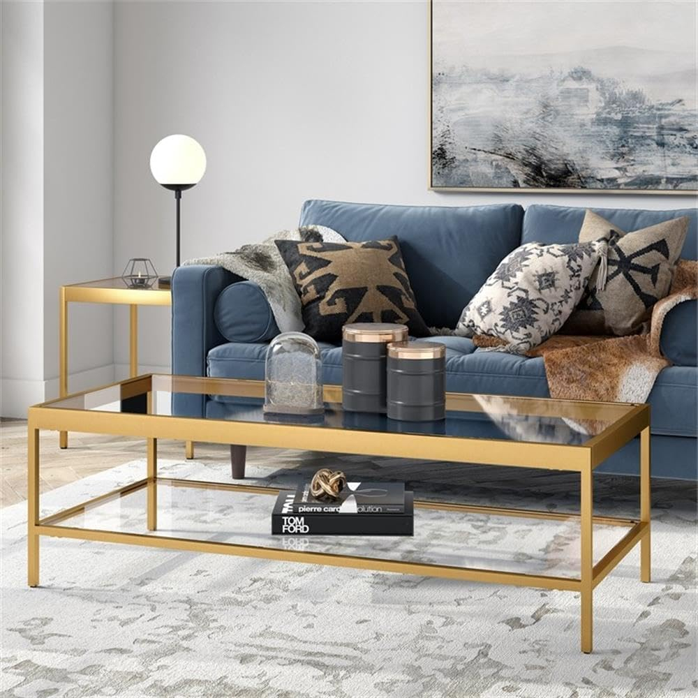 Evelyn&Zoe Alexis 54" Wide Rectangular Coffee Table, Brass