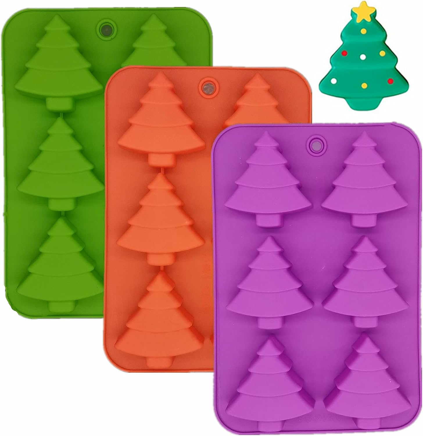 3 Pack Christmas Tree Silicone Molds,6 Cavity Candy Baking Trays for Holiday Cakes,Candies,Gummy,Chocolates,Jelly,Soap,Ice Cube,Cookies (red, green, purple)