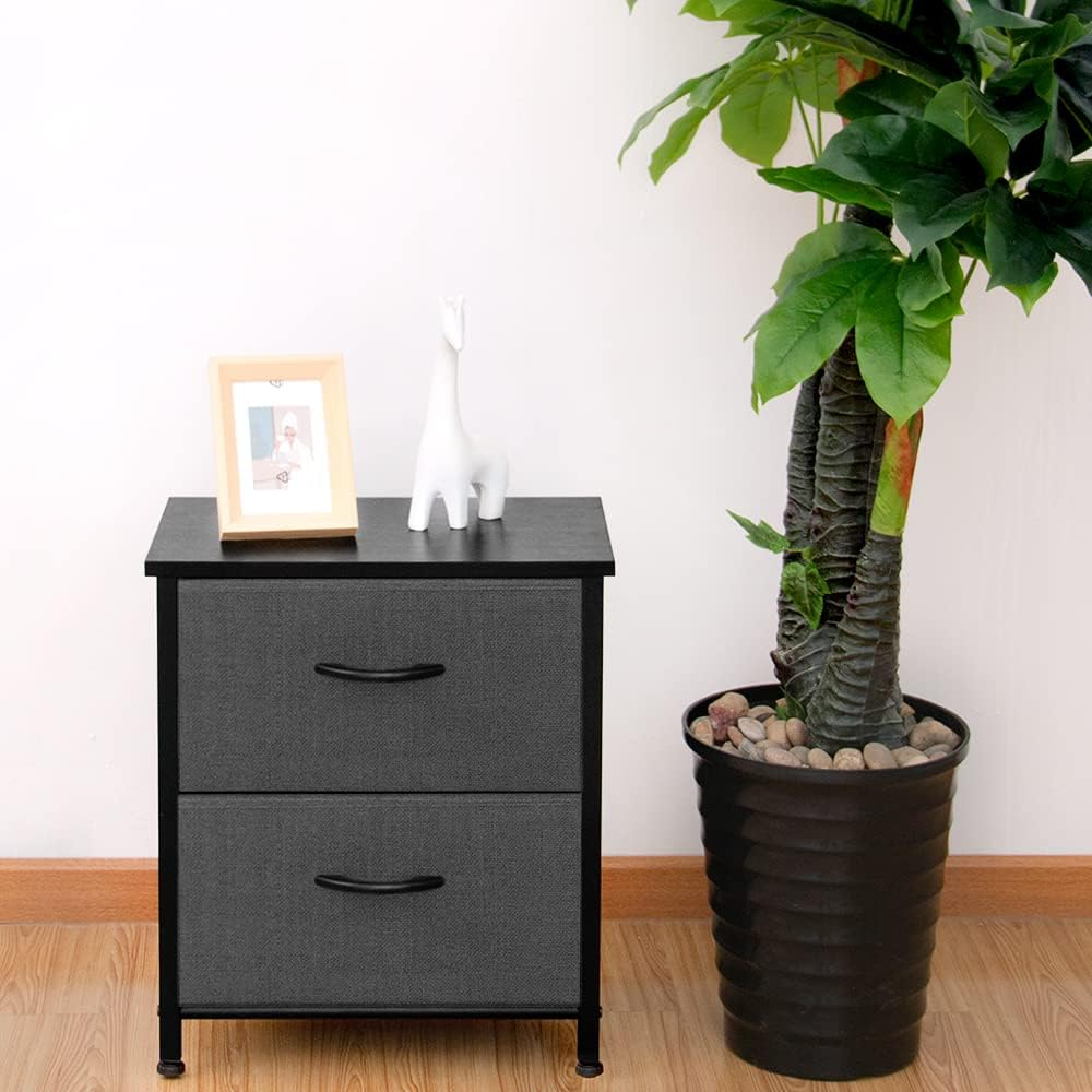TCT Storage Dresser End/Side Table Night Stand Furniture Unit - Small Standing Organizer for Bedroom, Office, Living Room, and Closet - 2 Drawer Removable Fabric Bins - Dark Grey