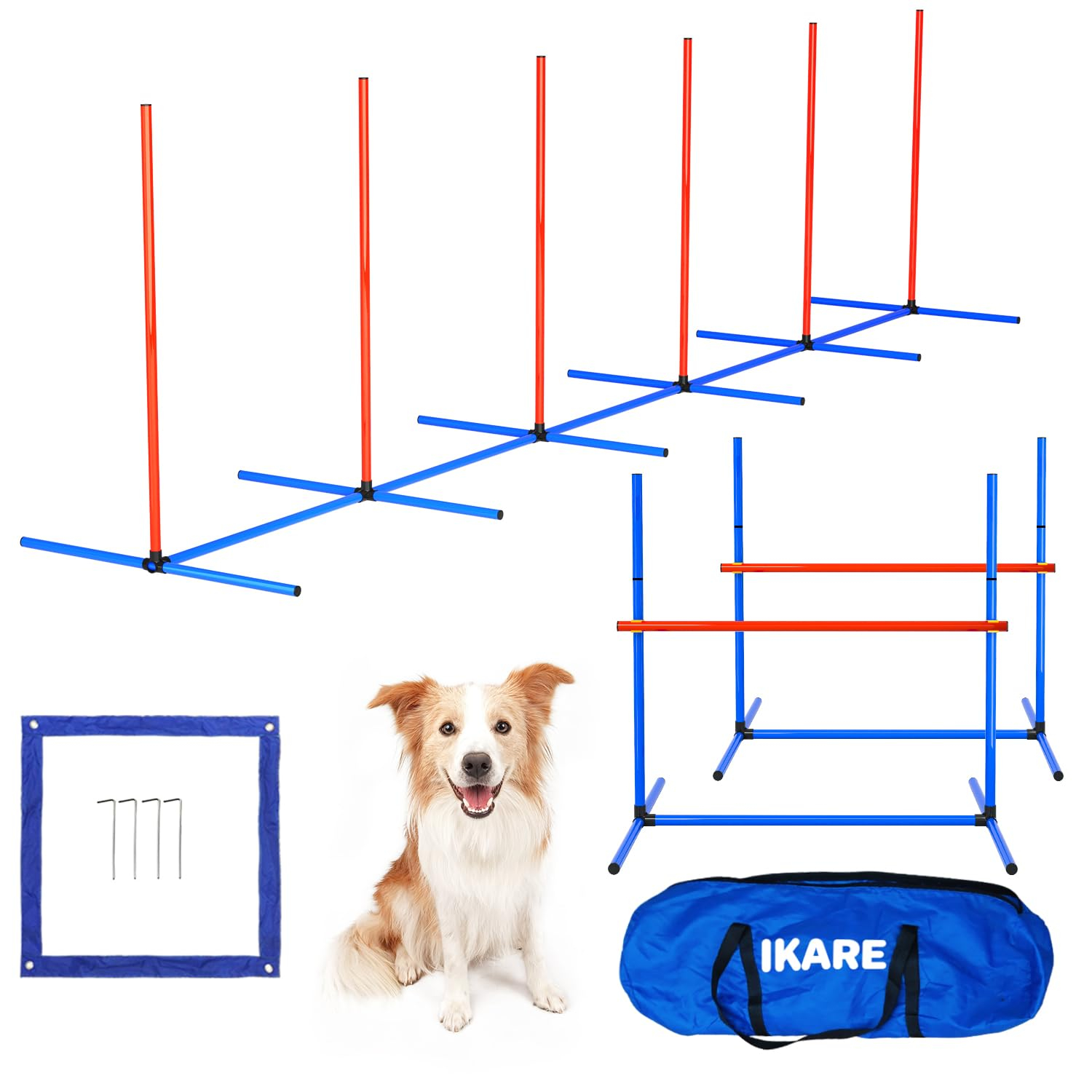 IKARE 4 Piece Dog Agility Training Equipment Pet Obstacle Course Training Starter Kit for Outdoor/Indoor with Adjustable Jumping Hurdles, Weave Poles, Pause Box