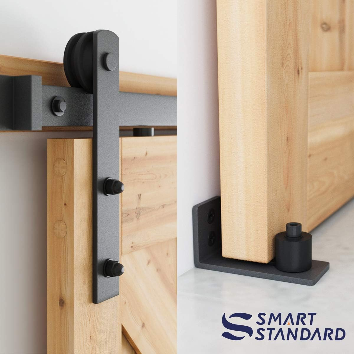 SMARTSTANDARD 8 FT Heavy Duty Sturdy Sliding Barn Door Hardware Kit, Black, (Whole Set includes 1x Pull Handle Set & 1x Floor Guide) Fit 42"-48" Wide Door Panel (I Shape Hanger)