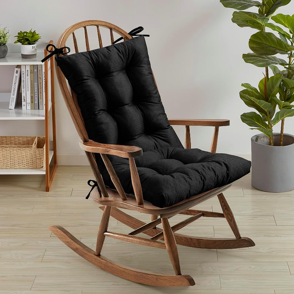 Hong and Arts Inc. Marina Decoration Rocking Chair Cushion Thick Tufted High-Backed Pads Nonslip Back Seat 2 Piece Set of Upper and Lower with Ties