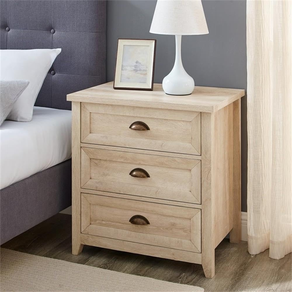 Walker Edison Farmhouse 3 Drawer Nightstand, Set of 2, White Oak