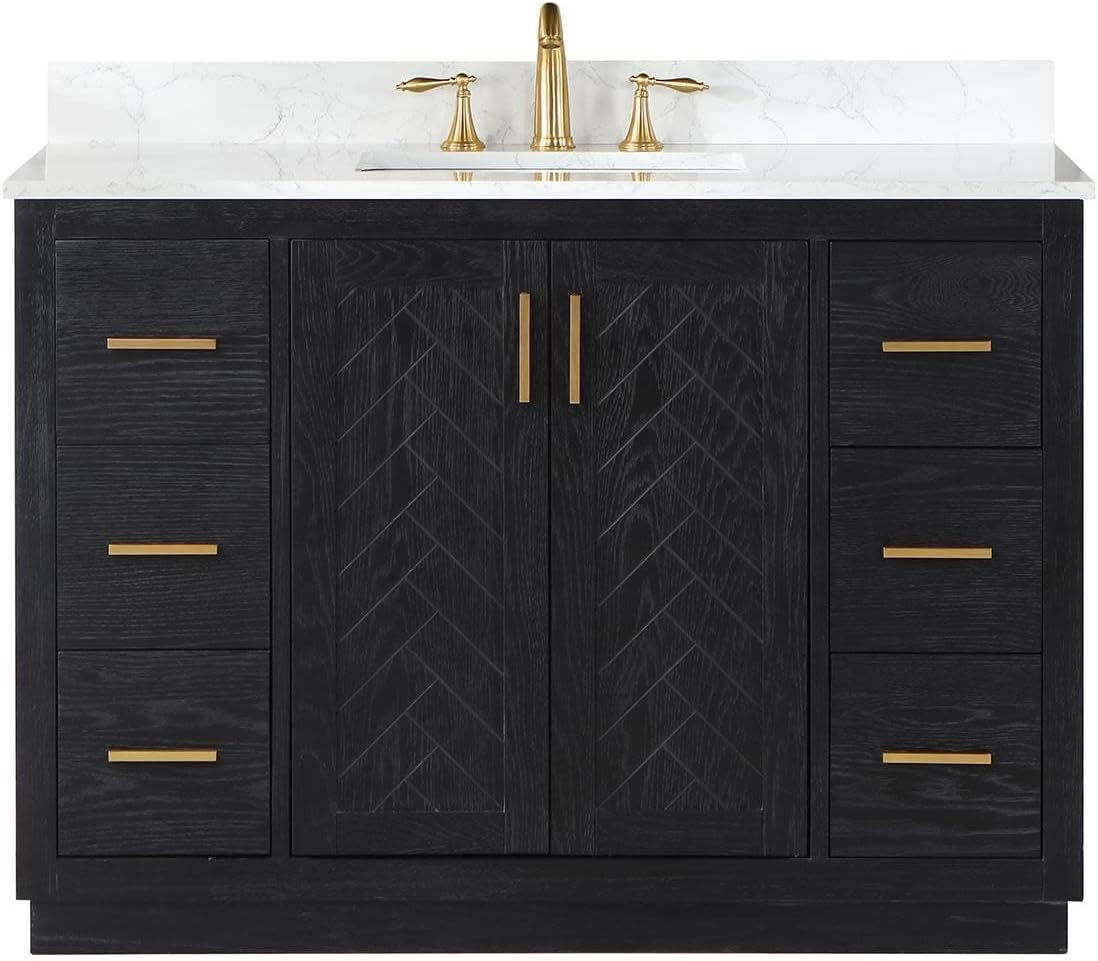 Gazsi 48" Single Bathroom Vanity Set in Black Oak with Grain White Composite Stone Countertop without Mirror