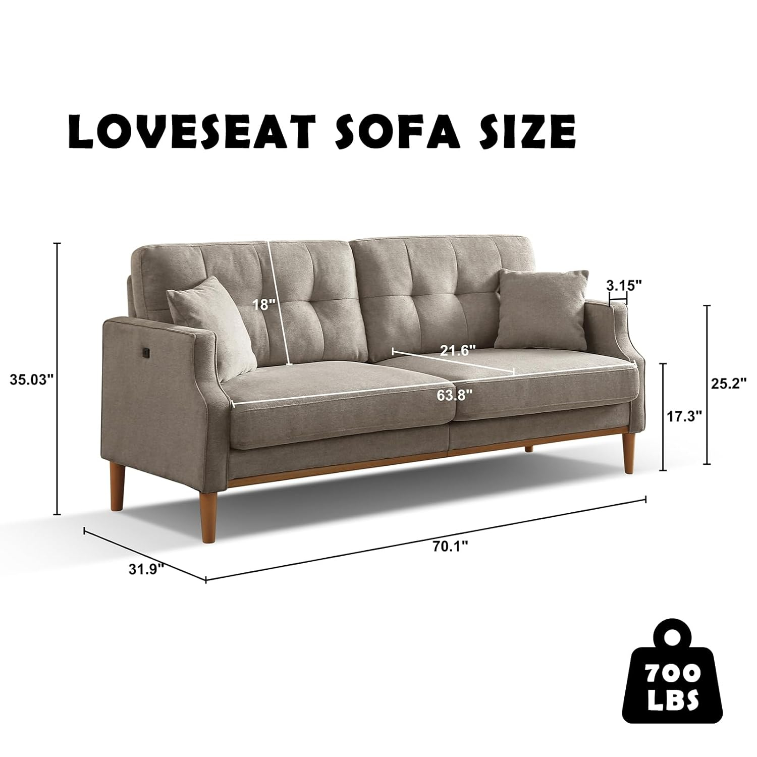 3 Seater Sofa with USB Charge Port and 2 Pillows, 70.1inch Waterproof Fabric Couch , Modern Sofa Lounge Couch for Compact Small Space, Living Room Apartment Office, Light Gray