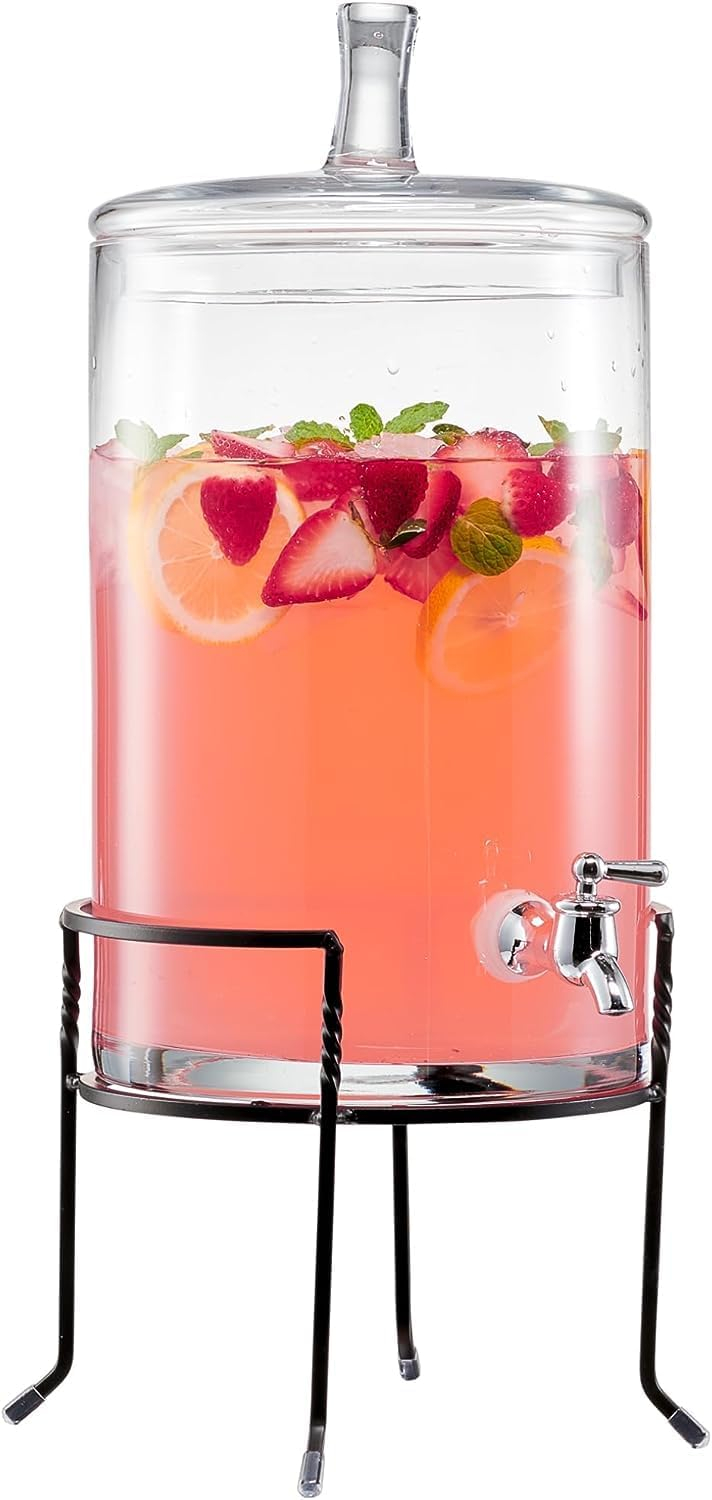 Clear Glass Beverage Dispenser with Metal Stand and Lid, 2.5 Gallons