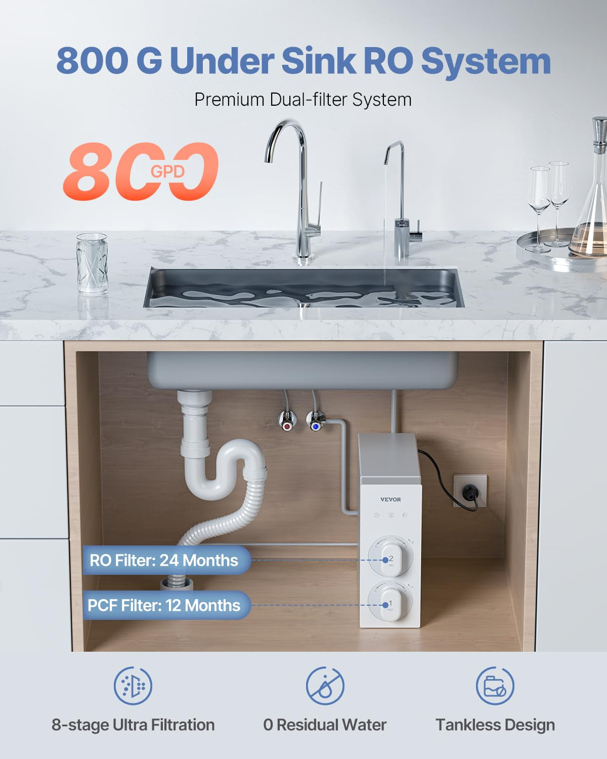 VEVOR Reverse Osmosis System, 800 GPD 8-stage Tankless Reverse Osmosis Water Filter, NSF Certified TDS Reduction, Under Sink Water Filtration System with Smart Display Faucet, 2:1 Pure to Drain Ratio