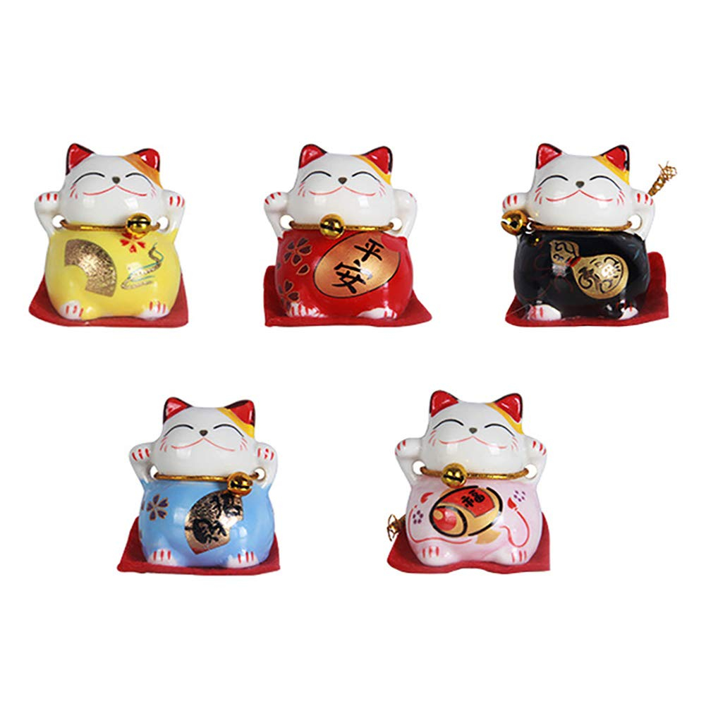 EatingBiting Set of 5 Japanese Ceramics Maneki Neko Lucky Cat Figurines Waving Upright Fortune Cat Figurines Cute Smiley Waving Upright Lucky Fortune