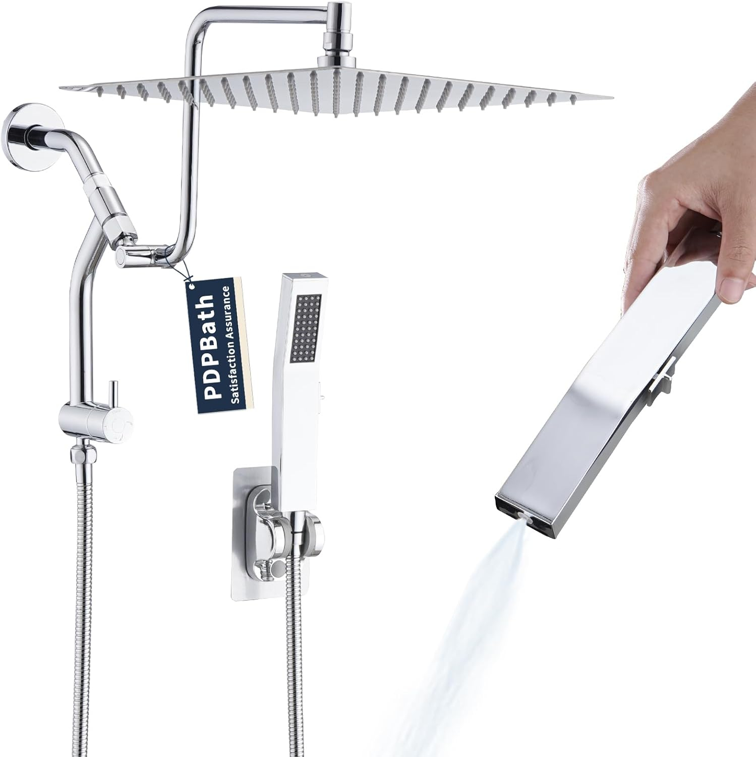 PDPBath All Metal 12'' Rainfall Shower Head with Handheld Combo, Upgrade 3-Way Diverter with Pause Setting, High Pressure Rain Shower Head with Z-shaped Extension Arm, 59" Hose, Brushed Nickel