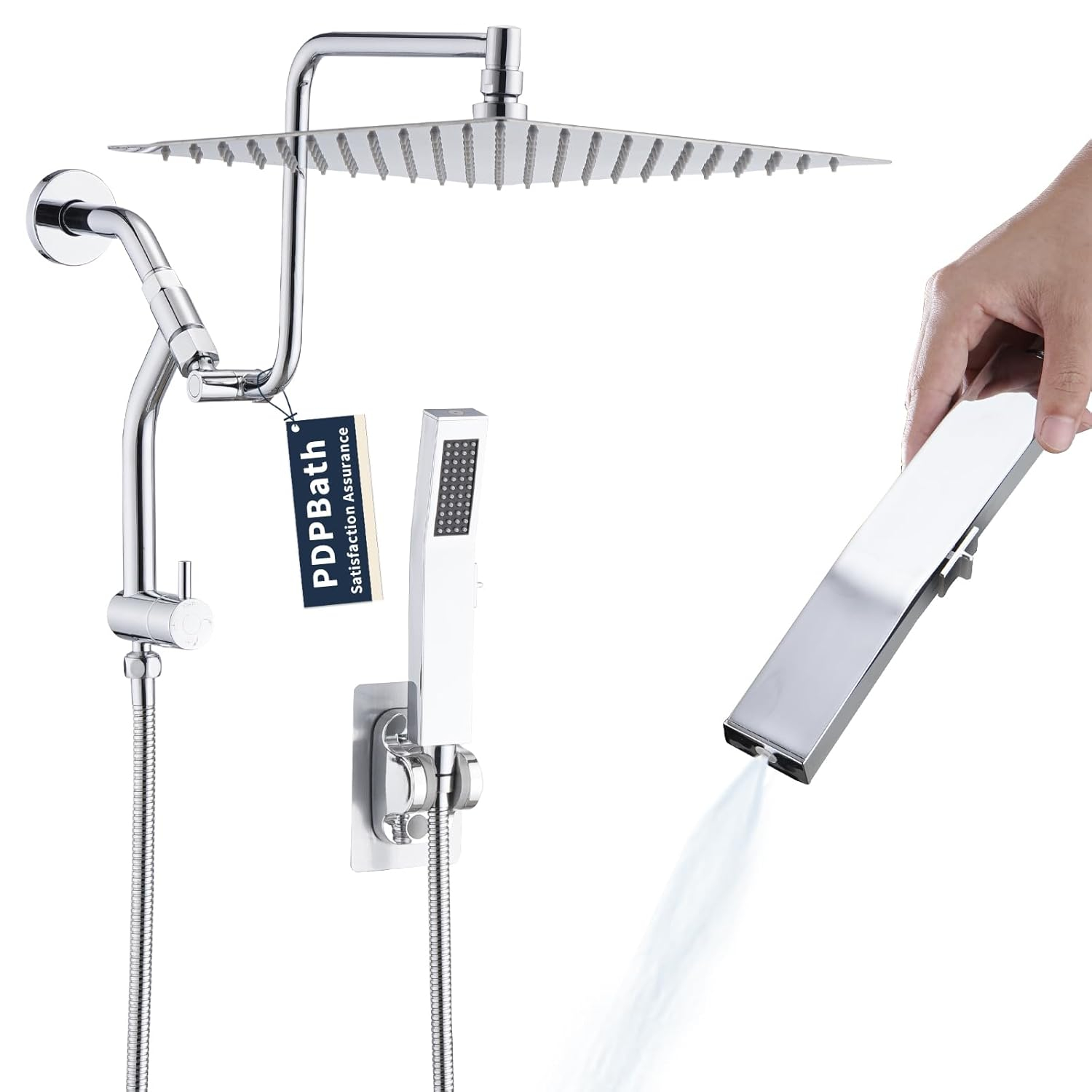 PDPBath All Metal 12'' Rainfall Shower Head with Handheld Combo, Upgrade 3-Way Diverter with Pause Setting, High Pressure Rain Shower Head with Z-shaped Extension Arm, 59" Hose, Brushed Nickel