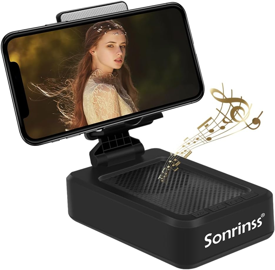 Cell Phone Stand with Wireless Bluetooth Speaker Compatible for Any Smartphones,Anti-Slip Design Phone Holder with HD Surround Sound Bluetooth Speaker for Home,Office,Outdoor