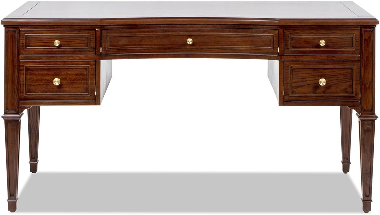JTH LUXE Dauphin Gold Accent 5-Drawer Wood Executive Desk, Walnut Brown Wood