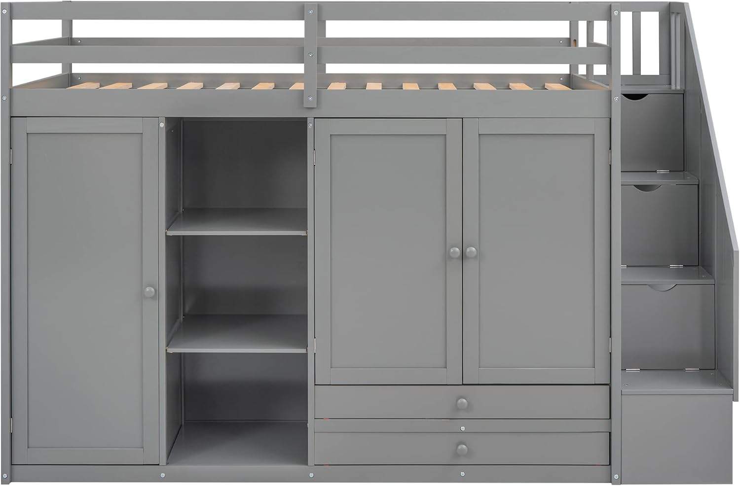 Harper & Bright Designs Twin Size Loft Bed w/ Storage Staircase & 2 Wardrobes, Kids Twin Loft Bed w/ 2 Drawers & 3 Shelves, Wood Loft Bed Frame for Kids Teens, No Box Spring Needed (Loft Twin, Gray)