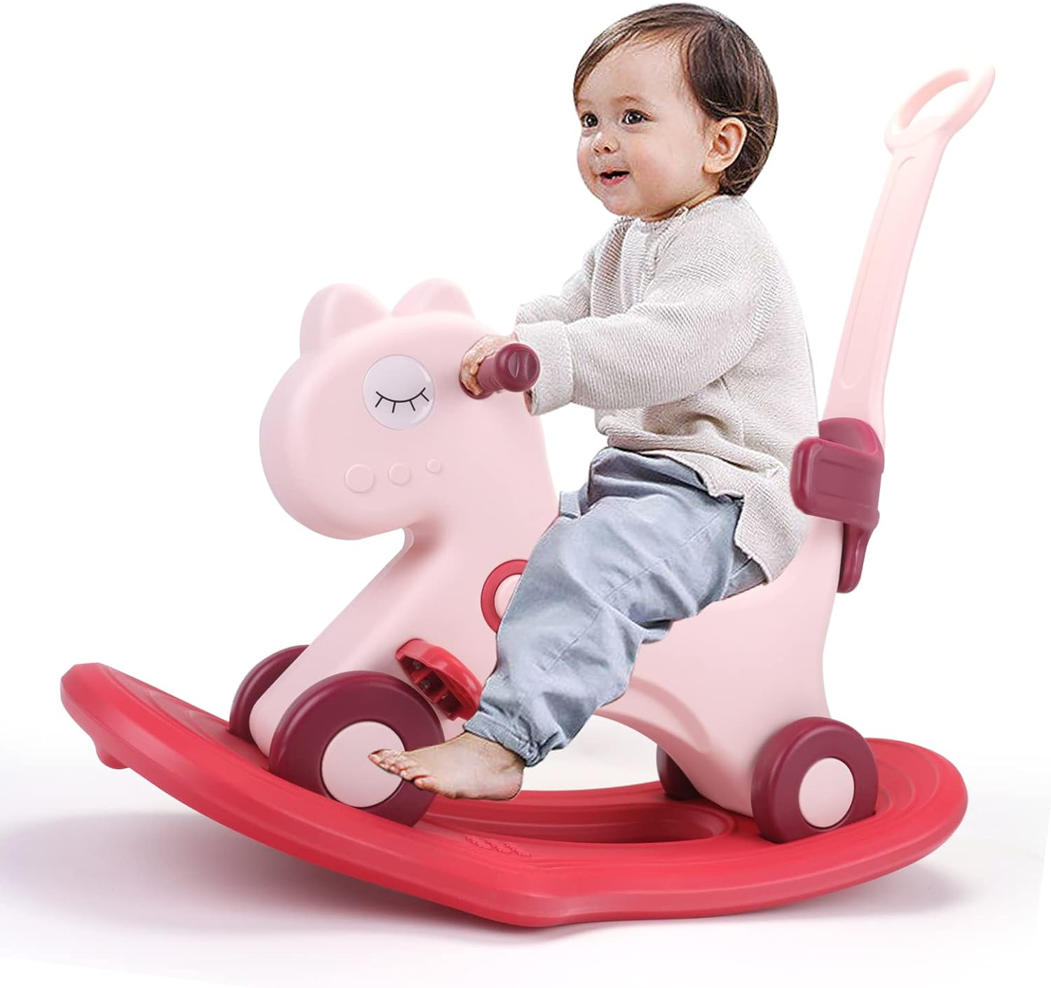 4 in 1 Rocking Horse for Toddlers 1-3 Years Old, Baby Rocking Toy Fun Birthday Gift for 1+ Girls, Ride on Toy with Detachable Balance Board and Footrest，Balance Bike with Push Handle，Pink