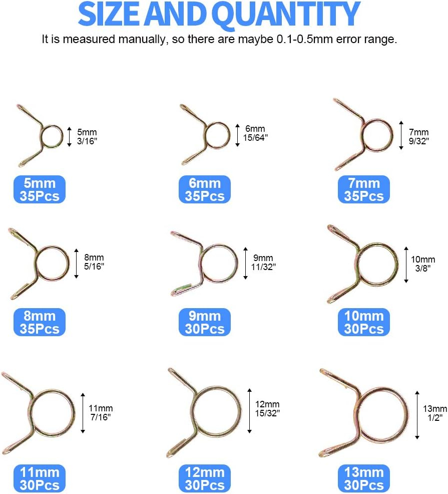 Glarks 290Pcs Fuel Line Hose Water Pipe Air Tubing Spring Clips Clamps Assortment Kit - Size 5-13MM