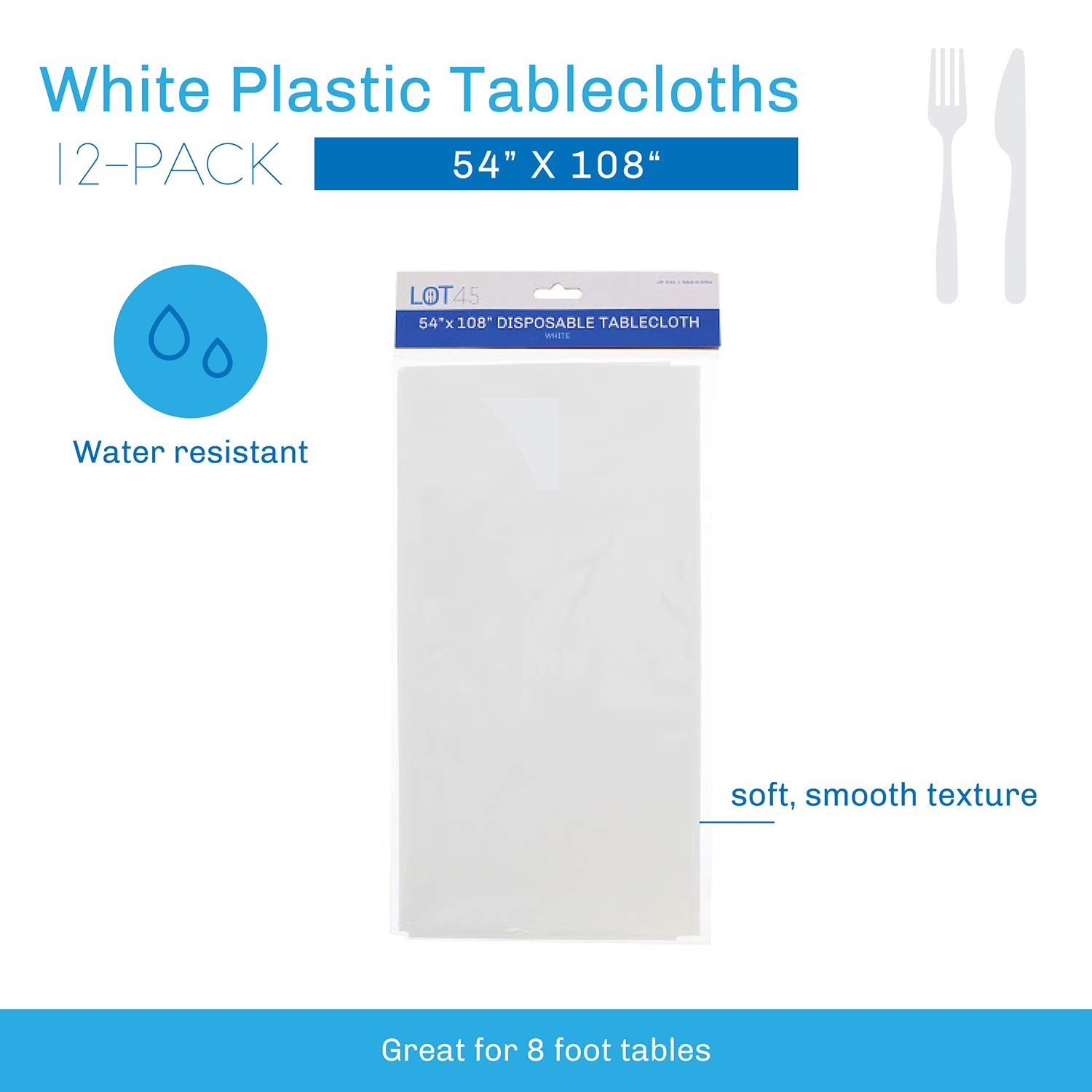 Lot45 White Plastic Tablecloths - 54 x 108 IN Disposable Table Covers, 12pk