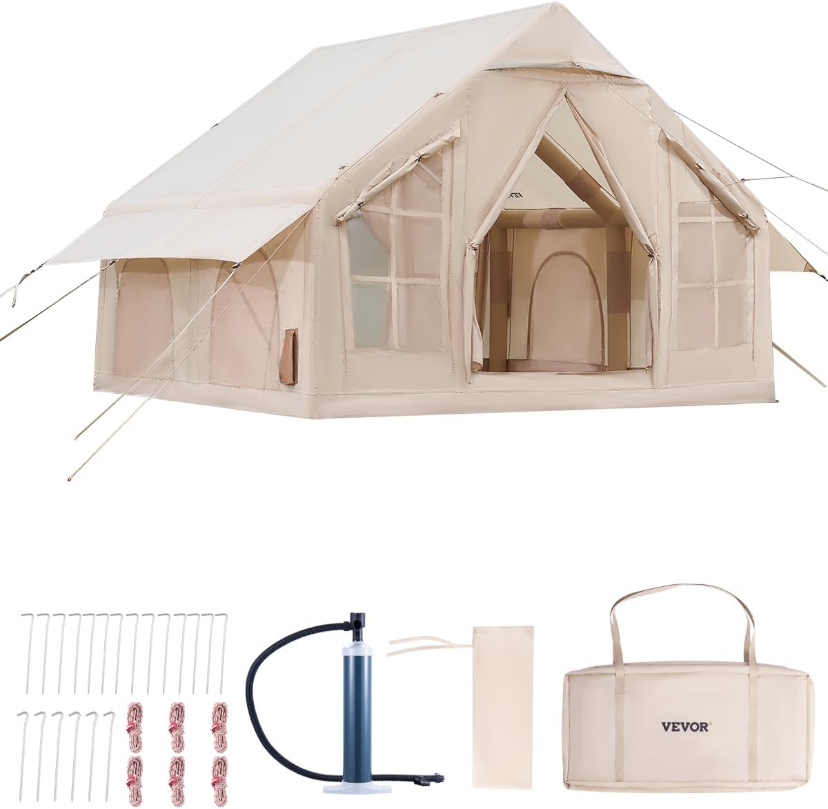 VEVOR Inflatable Tents for Camping, 4-6 Person Easy Setup Blow up Tent with Hand Pump,300D Oxford 4 Season Glamping Tent with Stove Jack 2 Doors & 4 Mesh Windows,Storage Bag Included for Easy Taking