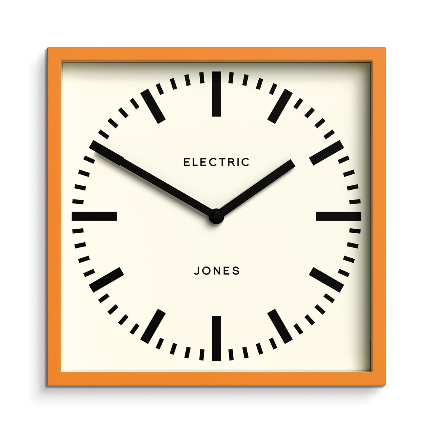 JONES CLOCKS® Box Railway Wall Clock | Square Station Clock | 10 inch | Cool Designer Look for Kitchen, Living Room or Office (Orange)
