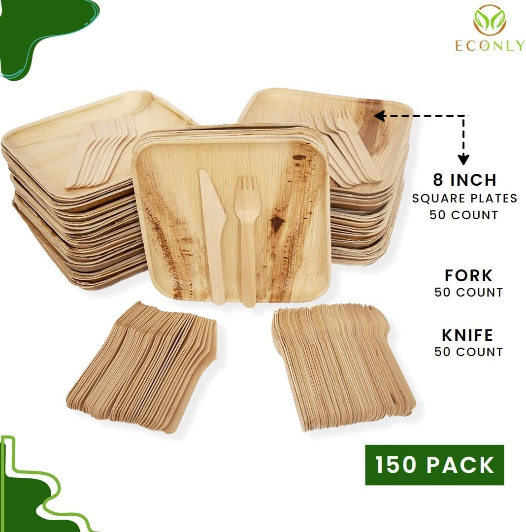 50 Disposable 8" Square Palm Leaf Plates, 50 Wood Forks, 50 Wood Knives - Party Pack of Eco-Friendly Dinnerware