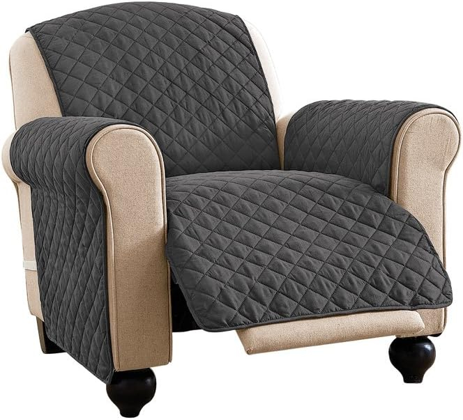 Collections Etc Reversible Spill Resistant Quilted Furniture Protector Cover with Ties - Covers Seat Bottom, Seat Back and 2 Seat Arms, Slate Grey/Silv, Recliner