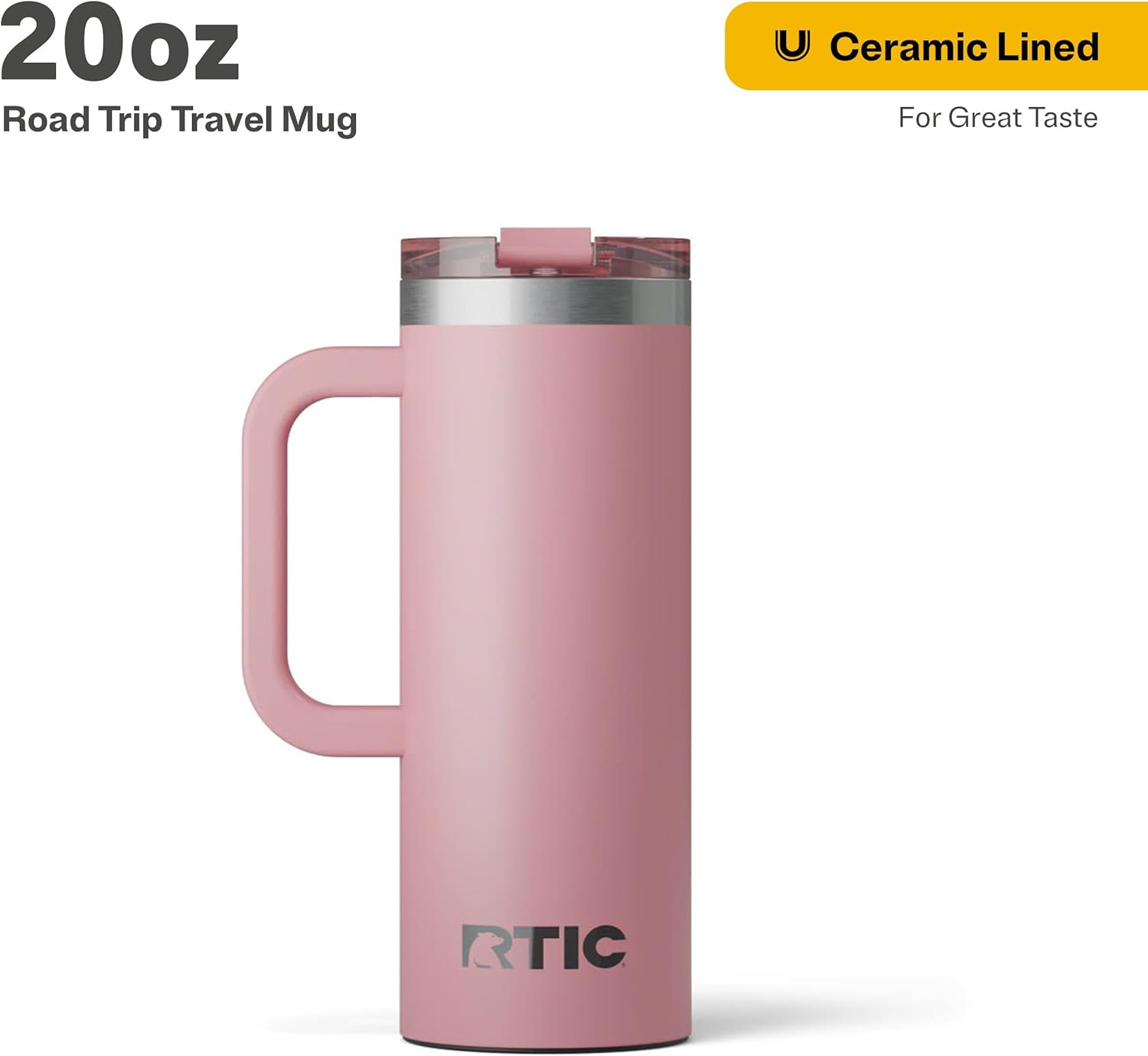 RTIC 20 oz Ceramic Lined Insulated Road Trip Travel Mug, Leak-Resistant Lid, Dusty Rose