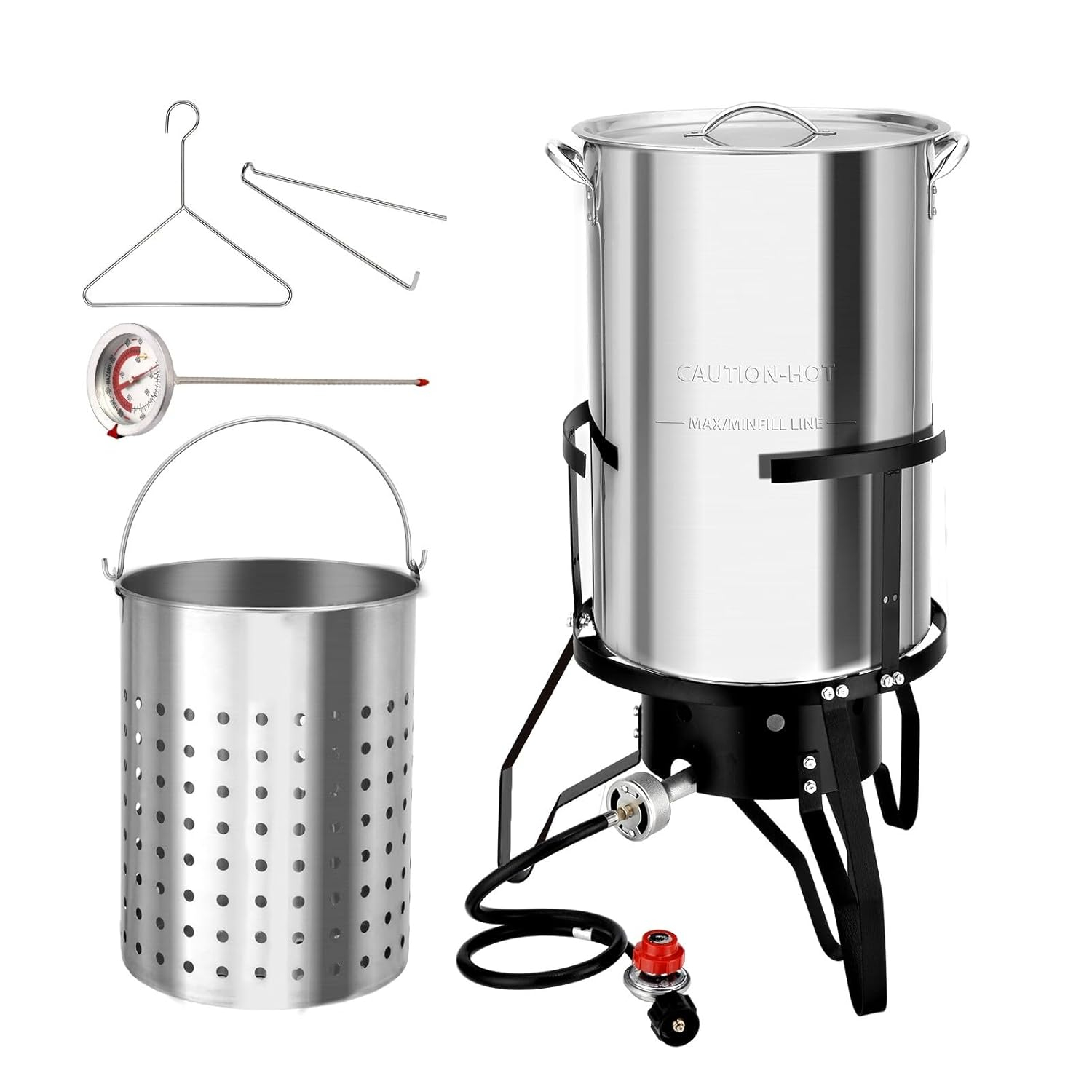 ROVSUN 50QT Turkey Fryer with Stainless Steel Boiler Steamer Basket & 54,000BTU Propane Burner, Outdoor Gas Deep Fryer & Seafood Crawfish Boil Pot Set with High Pressure Propane Regulator and Hose