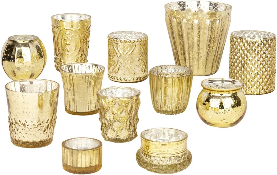Koyal Wholesale Glass Gold Mismatched Votive Candle Holder Mega Set of 12 for Wedding & Home Decor