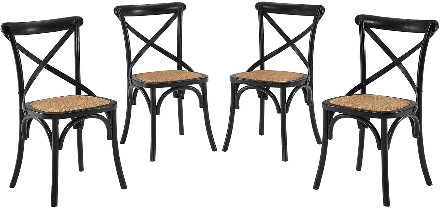 Modway Gear 18.5" Elm Wood and Rattan Dining Side Chair in Black (Set of 4)