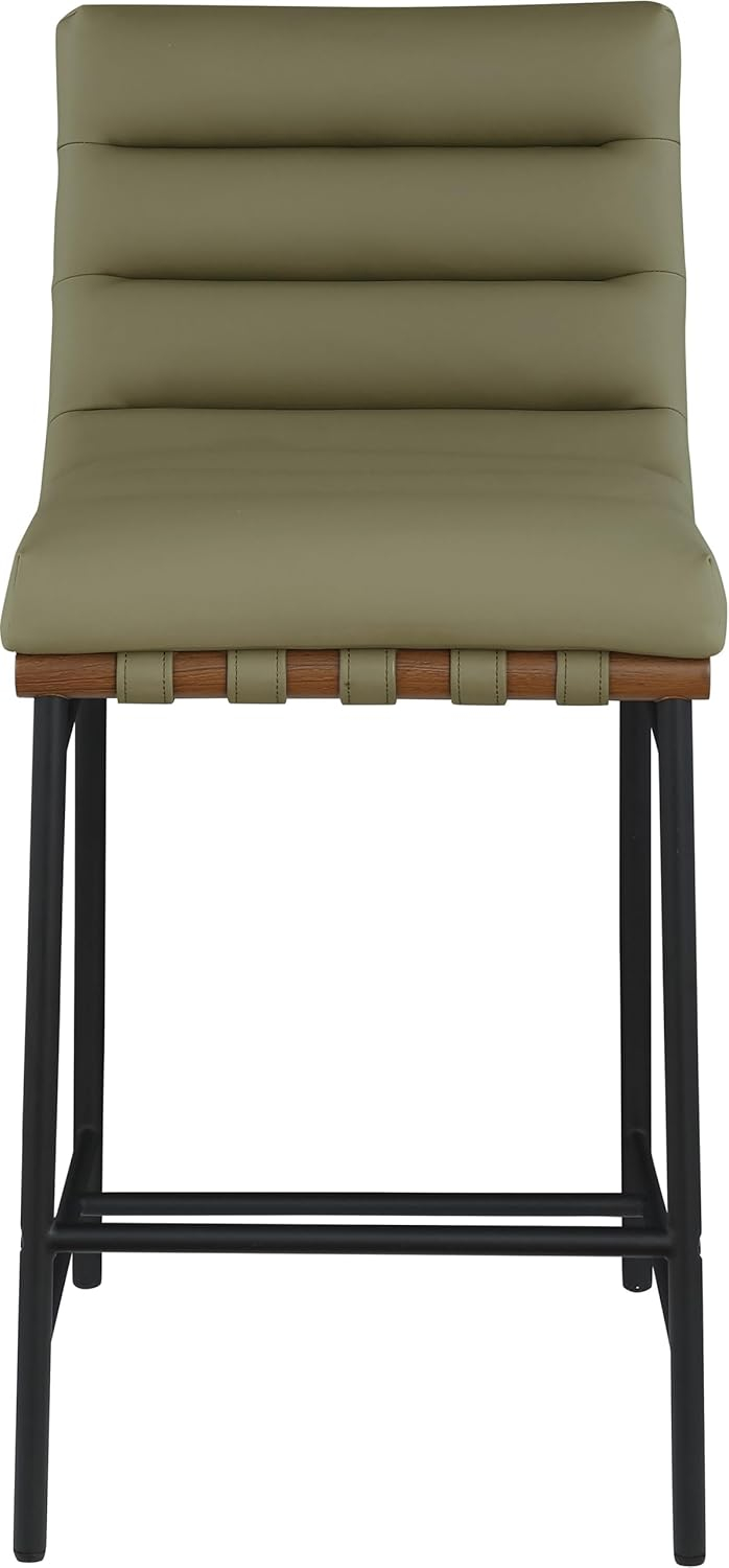 Meridian Furniture 813Olive-C Burke Collection Modern | Contemporary Counter Stool with Soft Olive Green Vegan Leather, Vegan Leather Straps, Matte Black Metal Frame, 18" W x 24" D x 37.5" H, Green