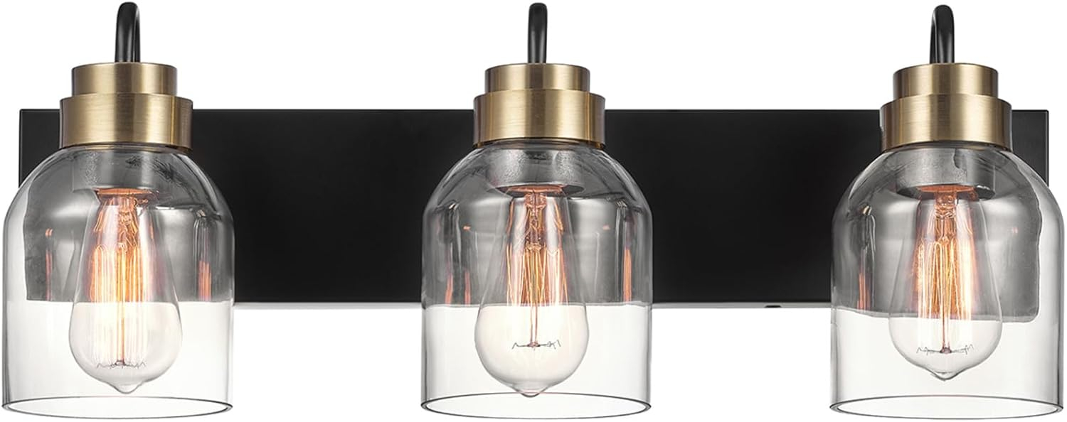 22 in. 3-Light Matte Black Vanity Light with Matte Brass Accents and Glass Shades