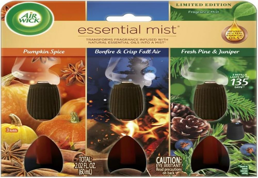 Air Wick Essential Mist Fall Scented Oil Air Freshener Diffuser Refills Multipack, Pumpkin Spice, Bonfire and Crisp Fall Air, Fresh Pine and Juniper, 3 Count