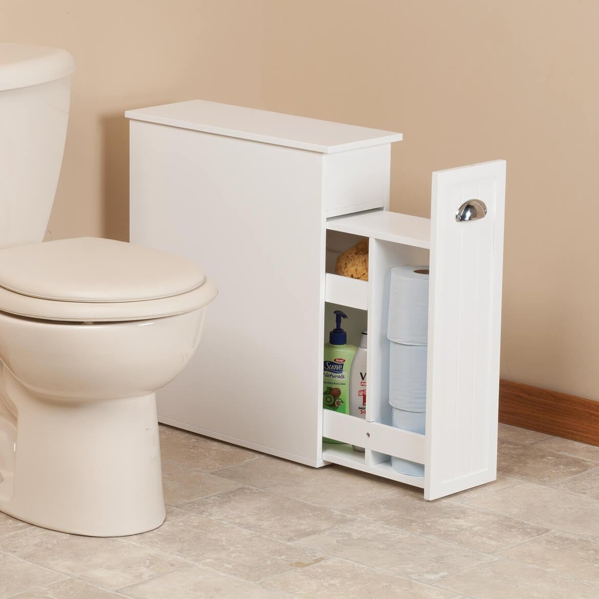 Classic White Slim Bathroom Storage Cabinet with Slide-Out Shelf