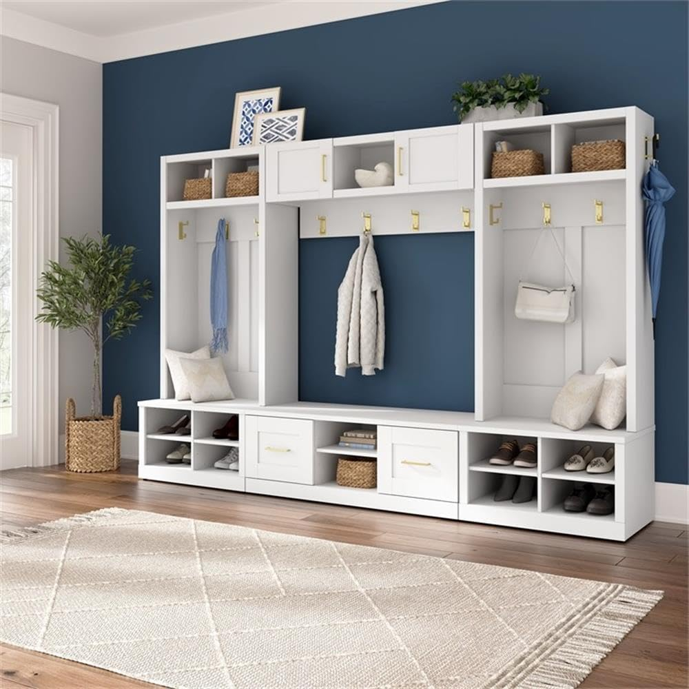 Hampton Heights 30W Hall Tree and Shoe Bench in White - Engineered Wood