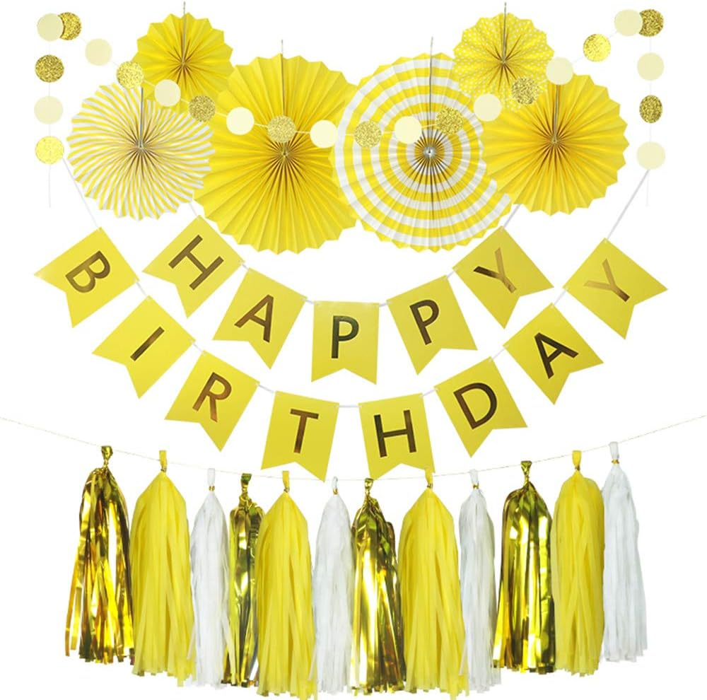 Yellow Birthday Party Decoration - 6 Hanging Fans & Birthday Banner & Decorative Circle Dot Garland & 12 Paper Tassels for Birthday Party, Baby Shower, Wedding etc.