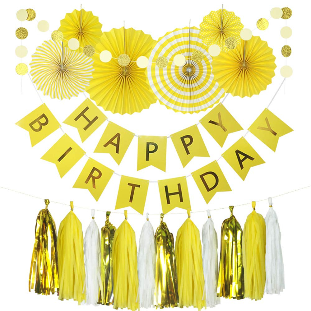 Yellow Birthday Party Decoration - 6 Hanging Fans & Birthday Banner & Decorative Circle Dot Garland & 12 Paper Tassels for Bday Party, Baby Shower, Wedding etc.