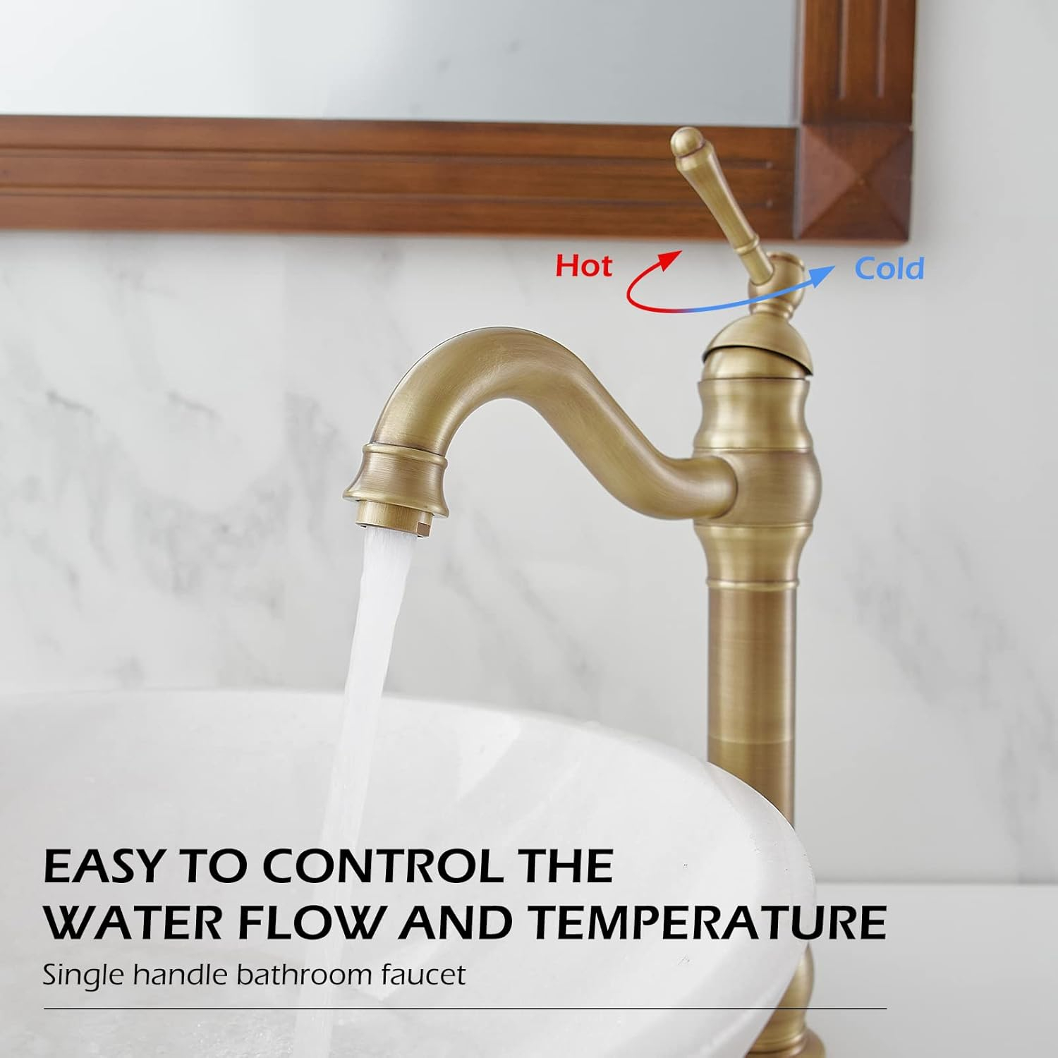 GGStudy 360° Swivel Antique Brass Bathroom Vessel Sink Faucet Single Handle One Hole Matching with Pop Up Drain