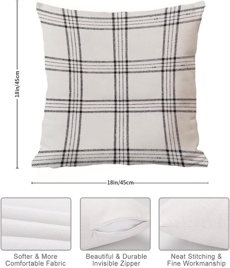 ArogGeld Plaid Pillow Cover in Natural and Black White - Farmhouse Designer Throw Cushion Cover - Rustic Pillowcase 18x18 Inch