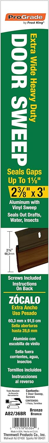 Frost King A82/36BR Extra Wide Heavy Duty Alum/Vinyl Door Sweep, 2-3/8in Wide x 36in Long, Bronze