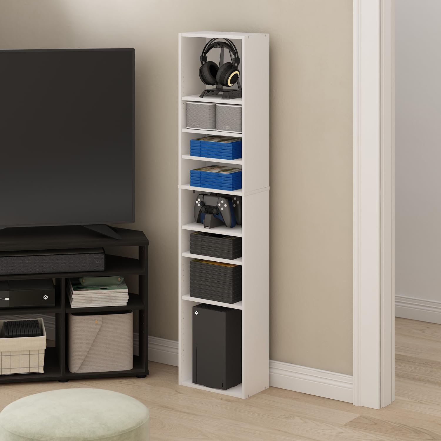 Furinno Indo 8-Tier Adjustable Shelves Multimedia Media Storage Tower Rack, White