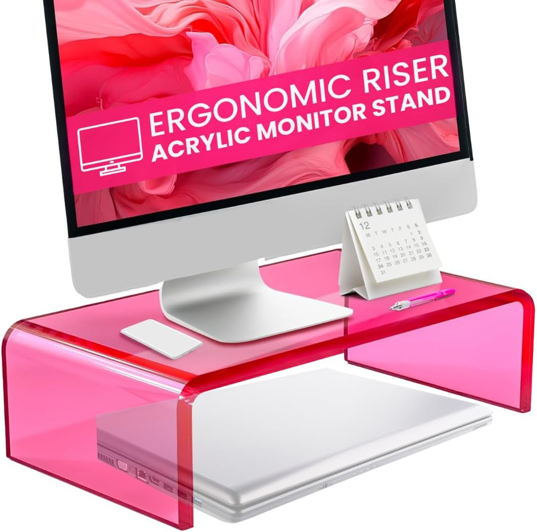 NovaMode Acrylic Monitor Stand - Ergonomic Desk Riser for Better Posture, Stylish & Modern Desktop Organizer, Computer Desk Stand for Monitors & Laptop - Bright Pink