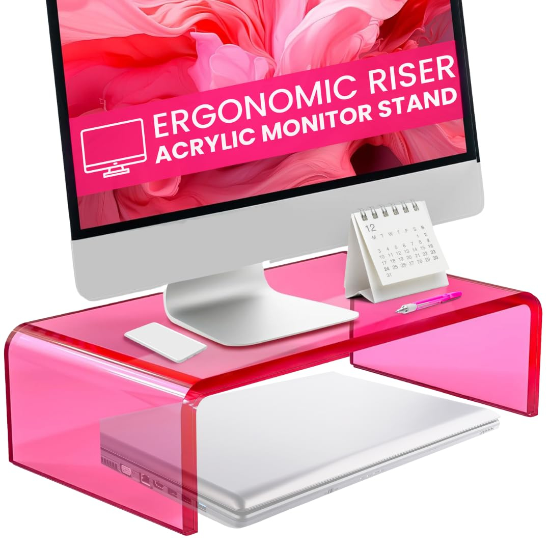 NovaMode Acrylic Monitor Stand - Ergonomic Desk Riser for Better Posture, Stylish & Modern Desktop Organizer, Computer Desk Stand for Monitors & Laptop - Bright Pink