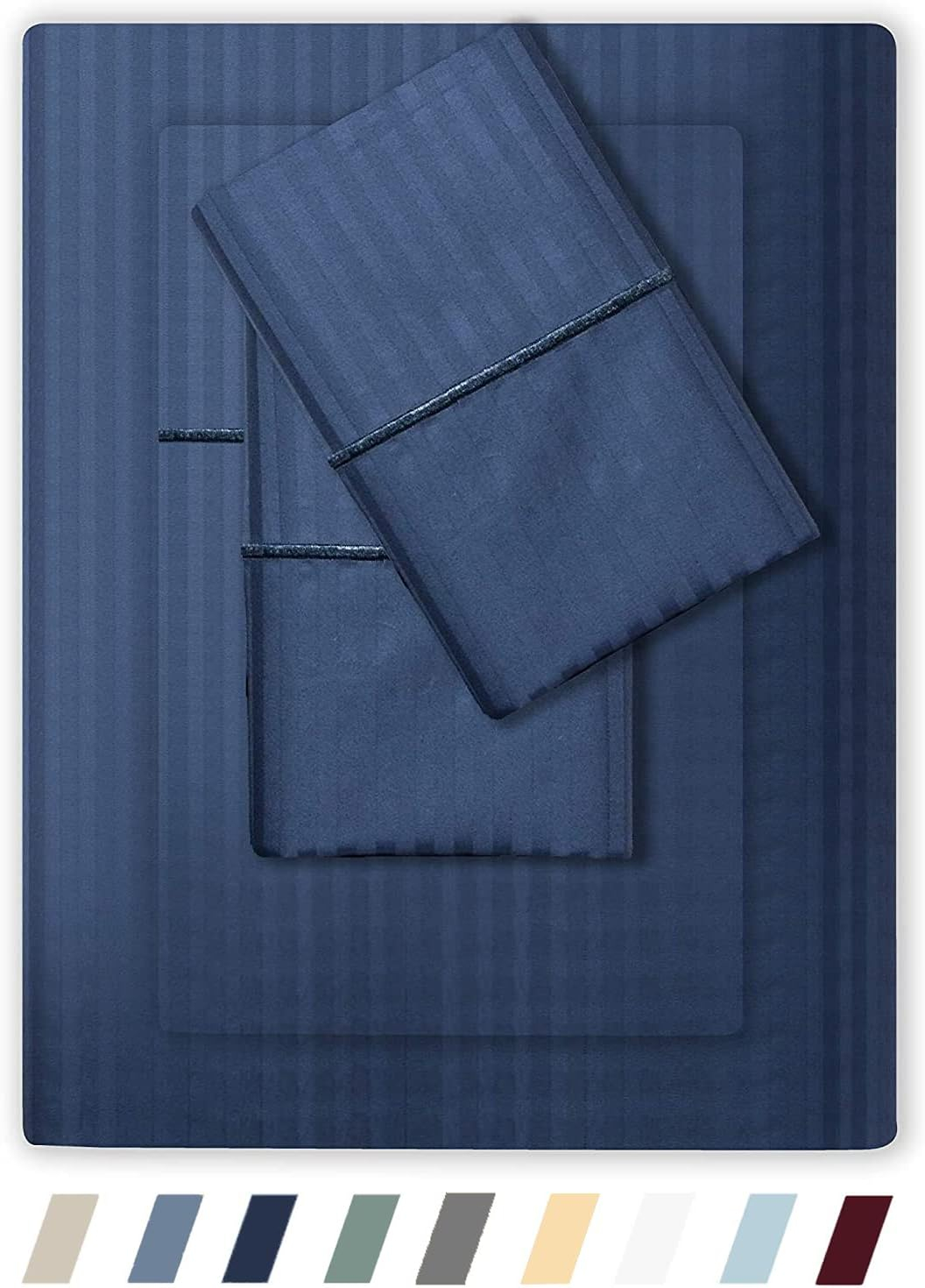 Feather & Stitch 500 TC King Size Damask Bed Sheet Set, 100% Cotton Soft Breathable Bedsheets, 4 Piece 18" Deep Pockets Sateen Weave Striped Bedding Mattress Resort Hotel Luxury- (Dark Blue, King)