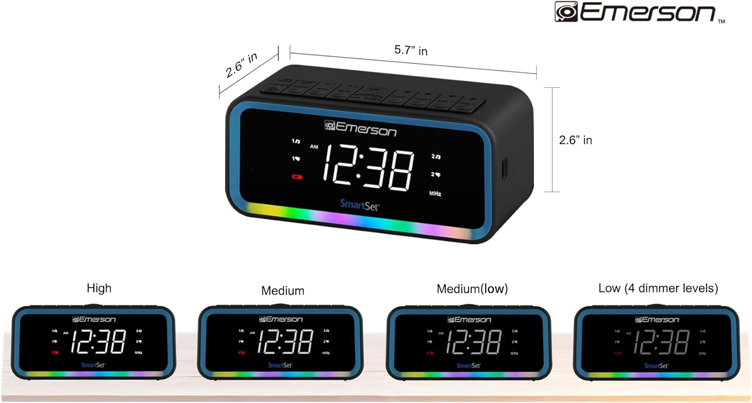 Emerson SmartSet AM/FM, Dual Alarm Clock Radio, 0.9" White LED, USB-C Charging and Multi-Color LED Decor, CKS1401